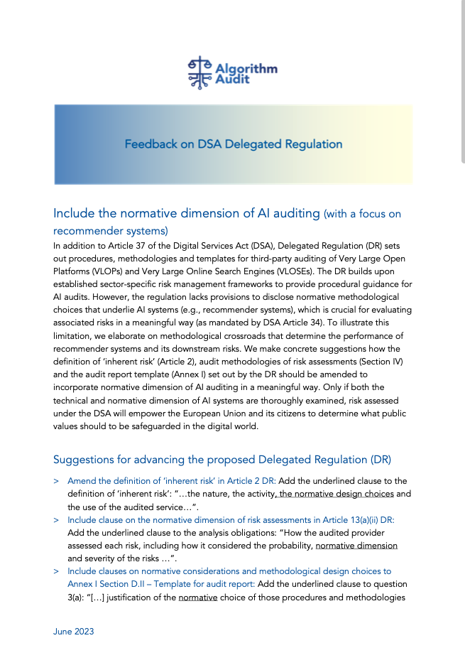 Algorithm Audit (white paper) – Feedback on DSA Delegated Regulation (conducting independent audits)